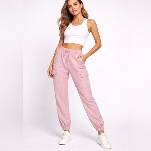 Nicole Miller New York 100% Linen, Heather Pink Salmon Cargo Joggers, M